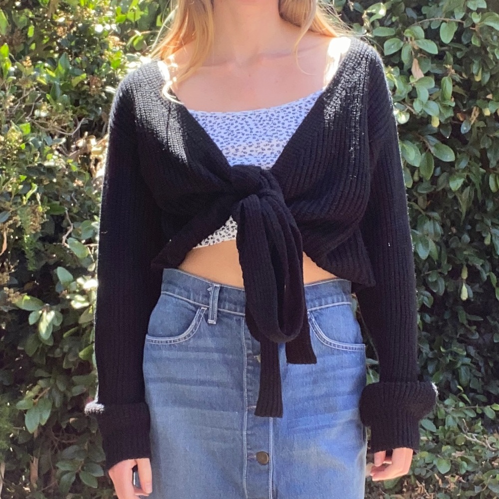 Black wrap tie knit sweater